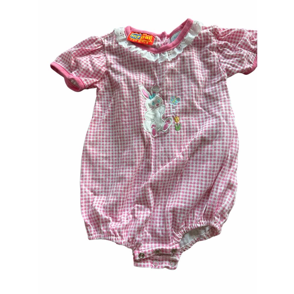 My Pal One Piece Romper Gingham Plaid Smocked Pink White Size 6-9 Months
